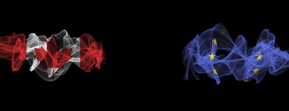 Flags of Canada and EU on Black background, Canada vs Europe Union Smoke Flags