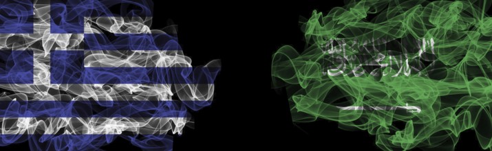 Flags of Greece and Saudi Arabia on Black background, Greece vs Saudi Arabia Smoke Flags