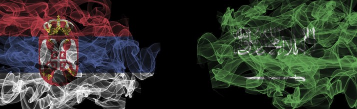 Flags of Serbia and Saudi Arabia on Black background, Serbia vs Saudi Arabia Smoke Flags