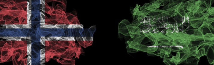 Flags of Norway and Saudi Arabia on Black background, Norway vs Saudi Arabia Smoke Flags