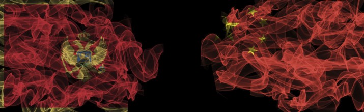 Flags of Montenegro and China on Black background, Montenegro vs China Smoke Flags