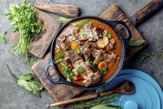 Food, Bourguignon beef ribs stewed with onion, carrot in red wine. Top view