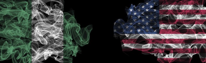 Flags of Nigeria and USA on Black background, Nigeria vs USA Smoke Flags