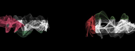 Flags of Jordan and UAE on Black background, Jordan vs United Arab Emirates Smoke Flags