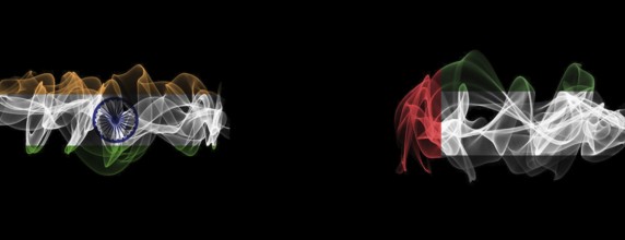 Flags of India and UAE on Black background, India vs United Arab Emirates Smoke Flags