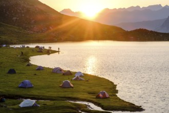 First light in the morning front Midi d Ossau, Gentau lake, Ayous lakes tour, Pyrenees National