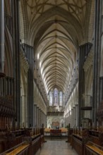 Salisbury, United Kingdom, 8 September, 2022: view of the choir and the central nave inside the
