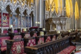 Wells, United Kingdom, 1 September, 2022: view of the Choir and pulpit inside the historic