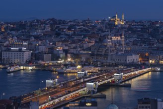 A picture of the Galata Bridge, with the New Mosque and the Nuruosmaniye Mosque, at night