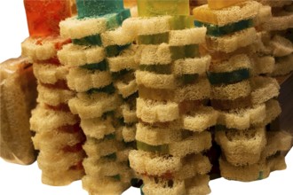 Various isolated homemade bar soaps. Handmade colorful soap, spa bath products for body spa skin