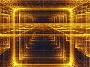 Golden perspective background - abstract computer-generated 3d illustration. Contemporary digital