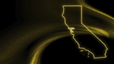 Map of California, Gold glitter map on dark background
