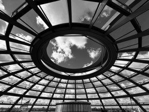 Roof construction of the Reichstag dome in Berlin, black and white, Berlin, Germany