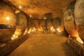 Antique winery in Spain with clay vessels terracotta amphora pots Mediterranean tradition with