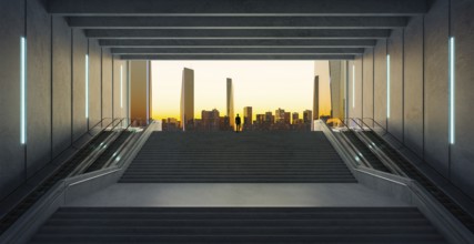 Businessman climbing stairs from underground upward to modern urban city. Ambitions concept. 3d