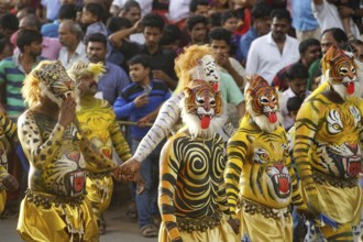 Pulikali Tiger Dance procession, Onam festival, Thrissur, Kerala, India, Asia