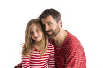 Happy family beard father and blond kid daughter blue eyes on white background