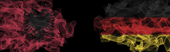 Flags of Albania and Germany on Black background, Albania vs Germany Smoke Flags