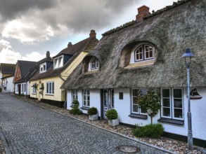 Traditional houses with thatched roofs and cobblestone streets under a cloudy sky, maasholm,