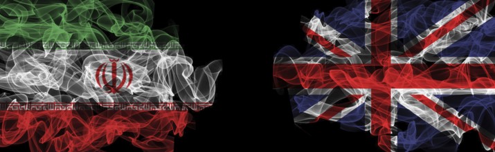 Flags of Iran and United Kingdom on Black background, Iran vs United Kingdom Smoke Flags