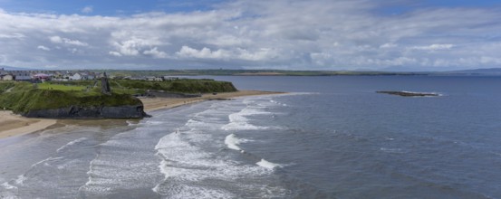 Ballybunion, Ireland, 5 August, 2022: panorama view of the Ballybunion Castle ruins on the clifftop
