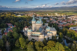 Bojnice, Slovakia, 26 September, 2022: drone view of Bojnice Castle in Slovakia in warm evening