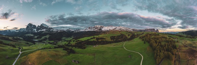 Panoramic view from the Seiser Alm to the Dolomites in Italy, drone shot