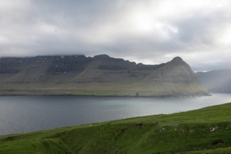 Typical landscape on the Faroe Islands, with green grass and rocks as seen from Vidareidi,