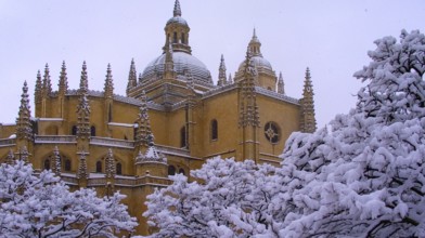 Snowy View of Cathedral of Segovia, 16-18Th Century Gothic Style, Flamboyant, Segovia, UNESCO World