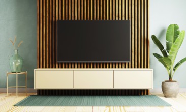 Japanese style modern living room with hanging mockup television tv on wall background. Interior