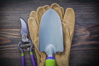 Hand spade Garden shears Safety gloves on wooden board Agriculture concept
