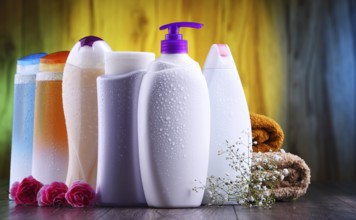 Plastic bottles of body care and beauty products
