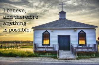 The historic chapel on Pawleys Island at sunset with motivational faith-based text
