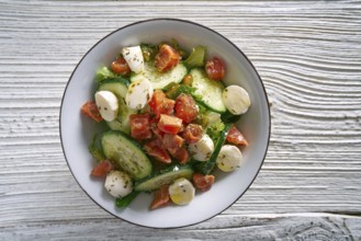 Salmon salad with mozzarella tomato cucumber on bowl