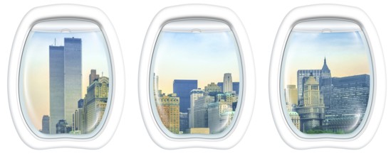 Three plane windows on New York City with World Trade Center and Twin Towers, Manhattan, United