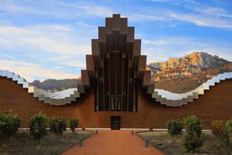 Fantastic beauty. The magnificent modern architecture of Bodegas Ysios. Bright flaming colors of