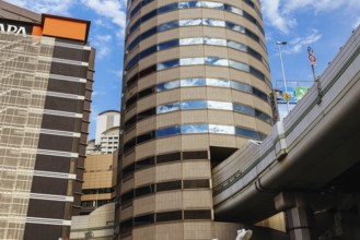 OSAKA, JAPAN - SEPTEMBER 25 2024: The famous 'highway thru a building'. The off ramp for the Umeda