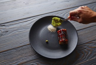 Grilled smoked eel with green apple and citrus with Sichuan Electric flower