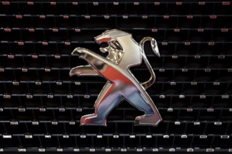 Sofia, Bulgaria - 3 June, 2022: Close-up of Peugeot logo is seen at Sofia Motor Show