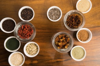 Bowls of various superfoods