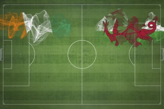 Ivory Coast vs Wales Soccer Match, national colors, national flags, soccer field, football game,
