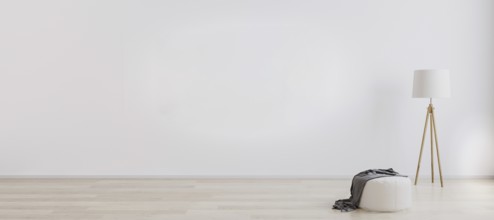 Bright room interior for mockup with wooden floor lamp, white pouf and wooden floor with white wall