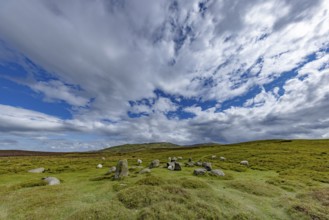 Druids Circle, stone circle in wide landscape with pastures in the mountains, Penmaenmawr,