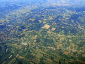 Aerial View of green fields, forest countryside