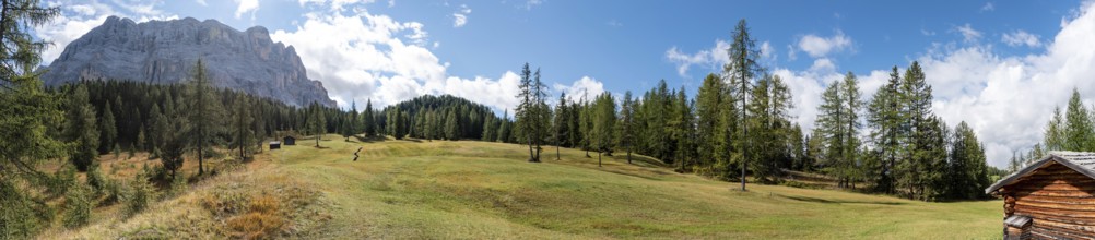 Typical alp with a hay shed in the Dolomite Alps in the Fanes Sennes Prags Nature Park, South Tirol