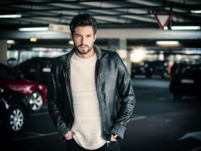 Handsome muscular man in casual clothing on background of parking