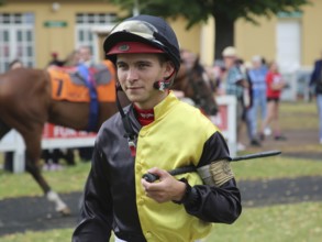 Jockey Thore Hammer-Hansen in front of the 2nd race at Magdeburg-Herrenkrug racecourse on