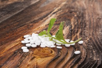 Artificial sweetener pills with aztec sweet herb on wooden table