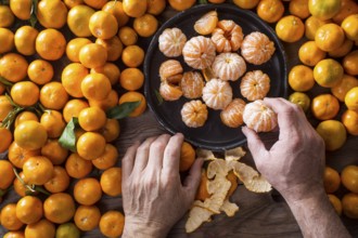 Presentation of Small peeled mandarin oranges on old wooden table