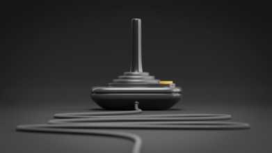 Black retro joystick with orange button. 3D illustration